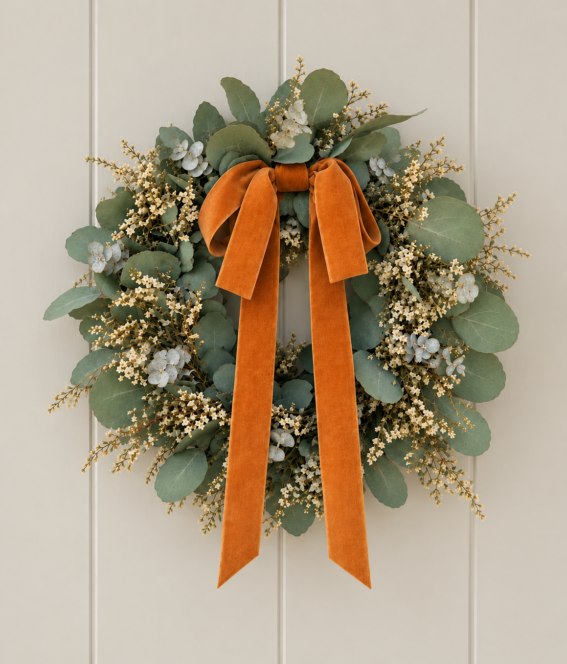 A festive eucalyptus wreath with a large orange velvet ribbon bow, hanging on a white paneled door.