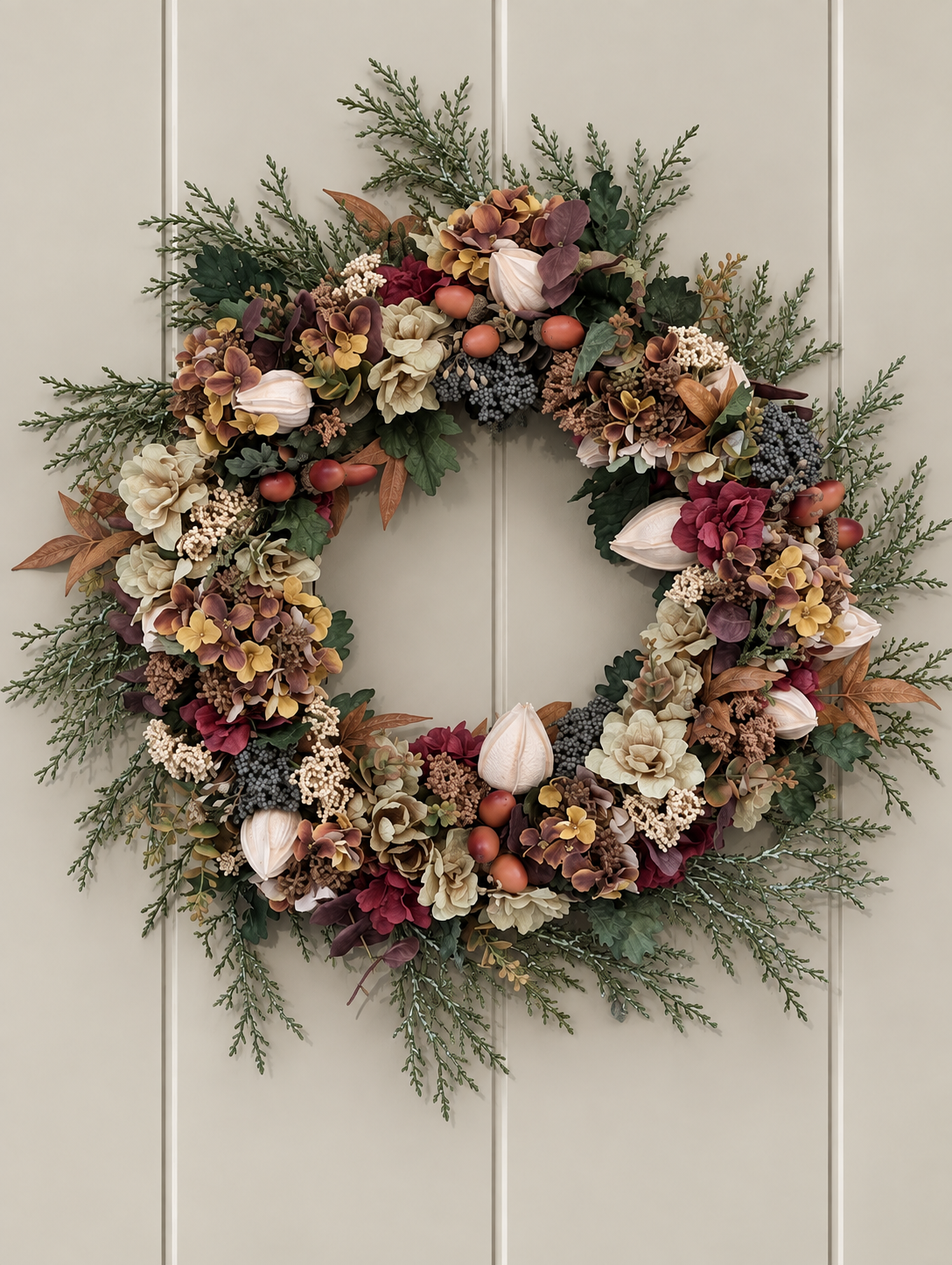 A round autumn floral wreath hanging on a light beige paneled door. The wreath features a dense mix of green pine branches, cream and burgundy dried flowers, small orange berries, and muted tan leaves.