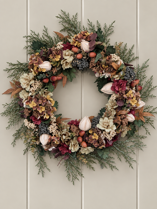 A round autumn floral wreath hanging on a light beige paneled door. The wreath features a dense mix of green pine branches, cream and burgundy dried flowers, small orange berries, and muted tan leaves.