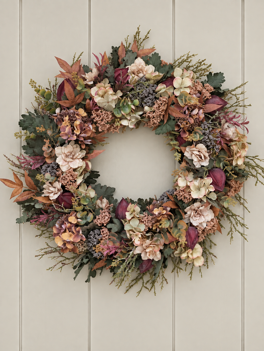 An autumn-themed floral wreath with cream, burgundy, and tan flowers, green and brown leaves, and dried botanicals, hanging on a light beige paneled door.