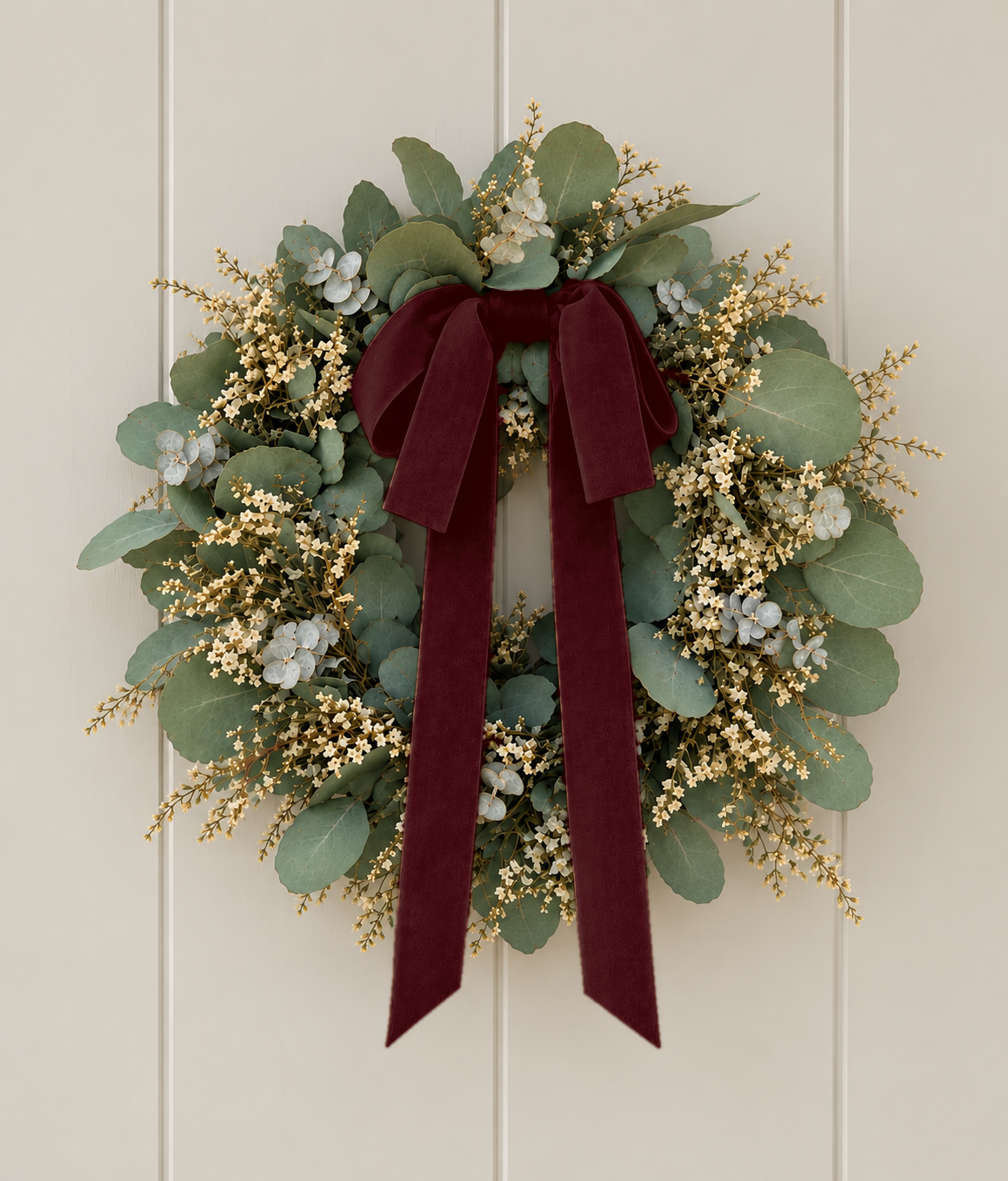 A festive eucalyptus wreath with a large burgundy velvet bow, hanging on a cream-colored paneled door. The wreath features green eucalyptus leaves, delicate white flowers, and sprigs of small beige berries.