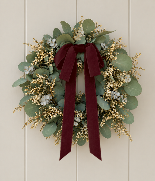 A festive eucalyptus wreath with a large burgundy velvet bow, hanging on a cream-colored paneled door. The wreath features green eucalyptus leaves, delicate white flowers, and sprigs of small beige berries.