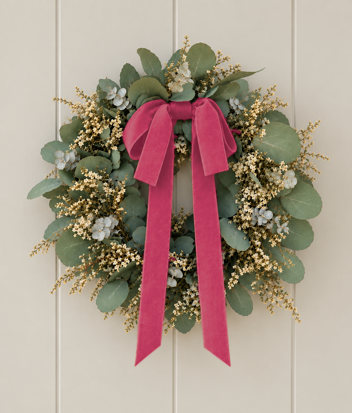 A festive eucalyptus wreath with a large magenta velvet ribbon bow, hanging on a light beige paneled door.