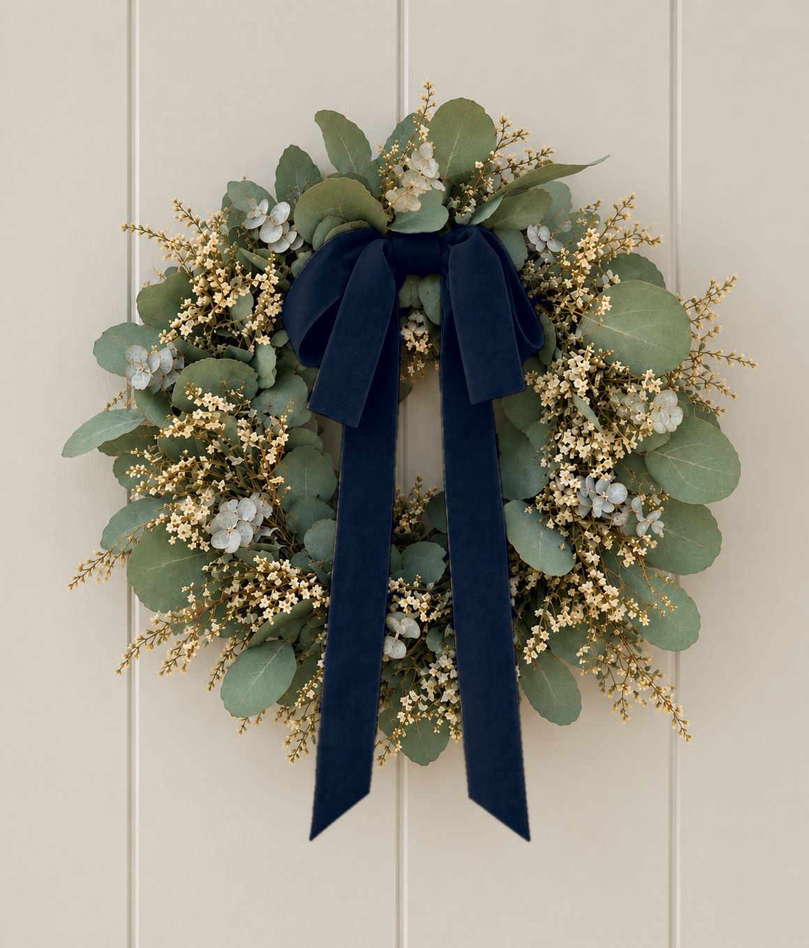 A festive wreath with green eucalyptus leaves, small white flowers, and a large navy blue velvet bow, hanging on a cream-colored paneled door.