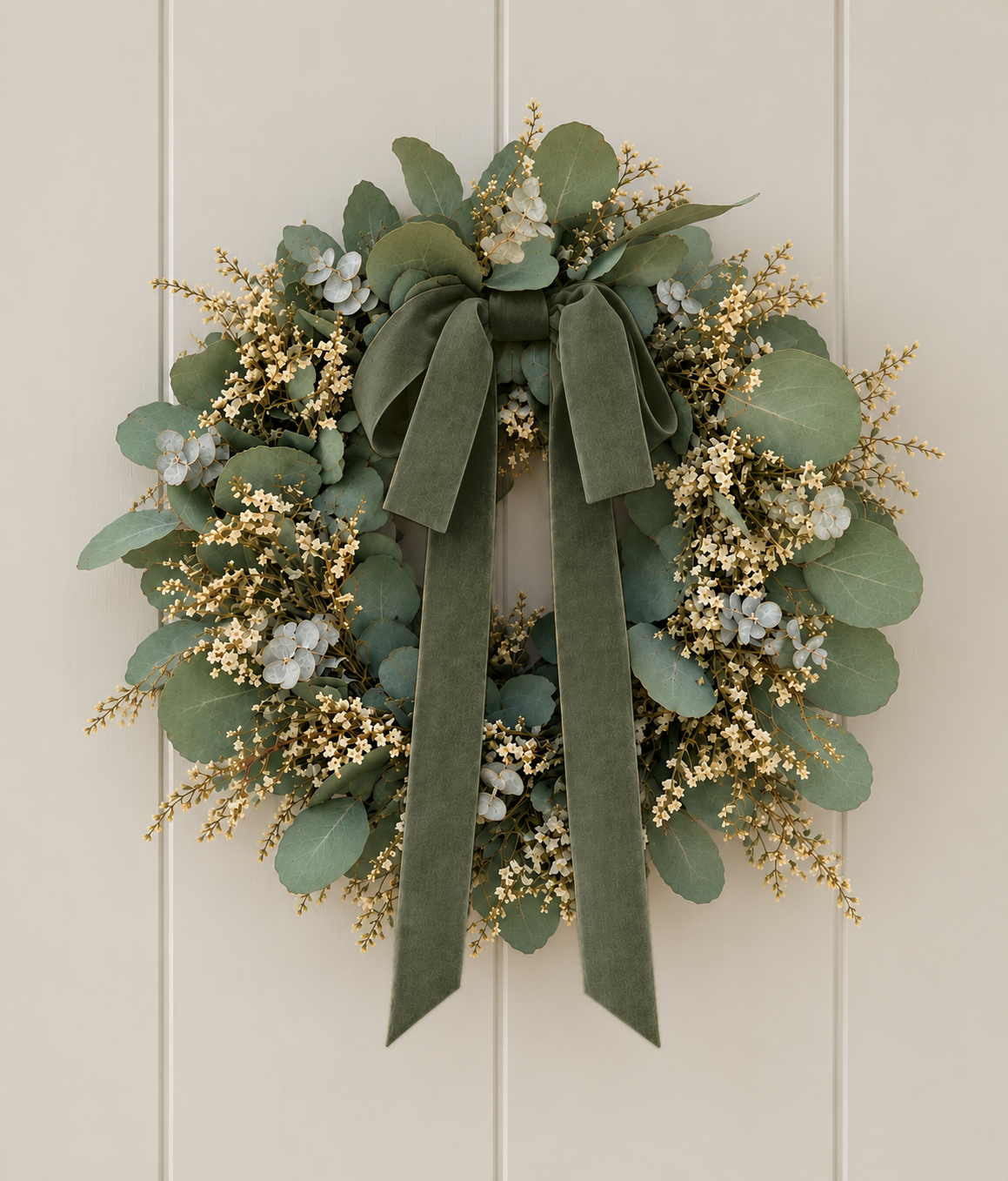 A green eucalyptus wreath with a large dark green velvet ribbon bow, hanging on a light beige paneled door.