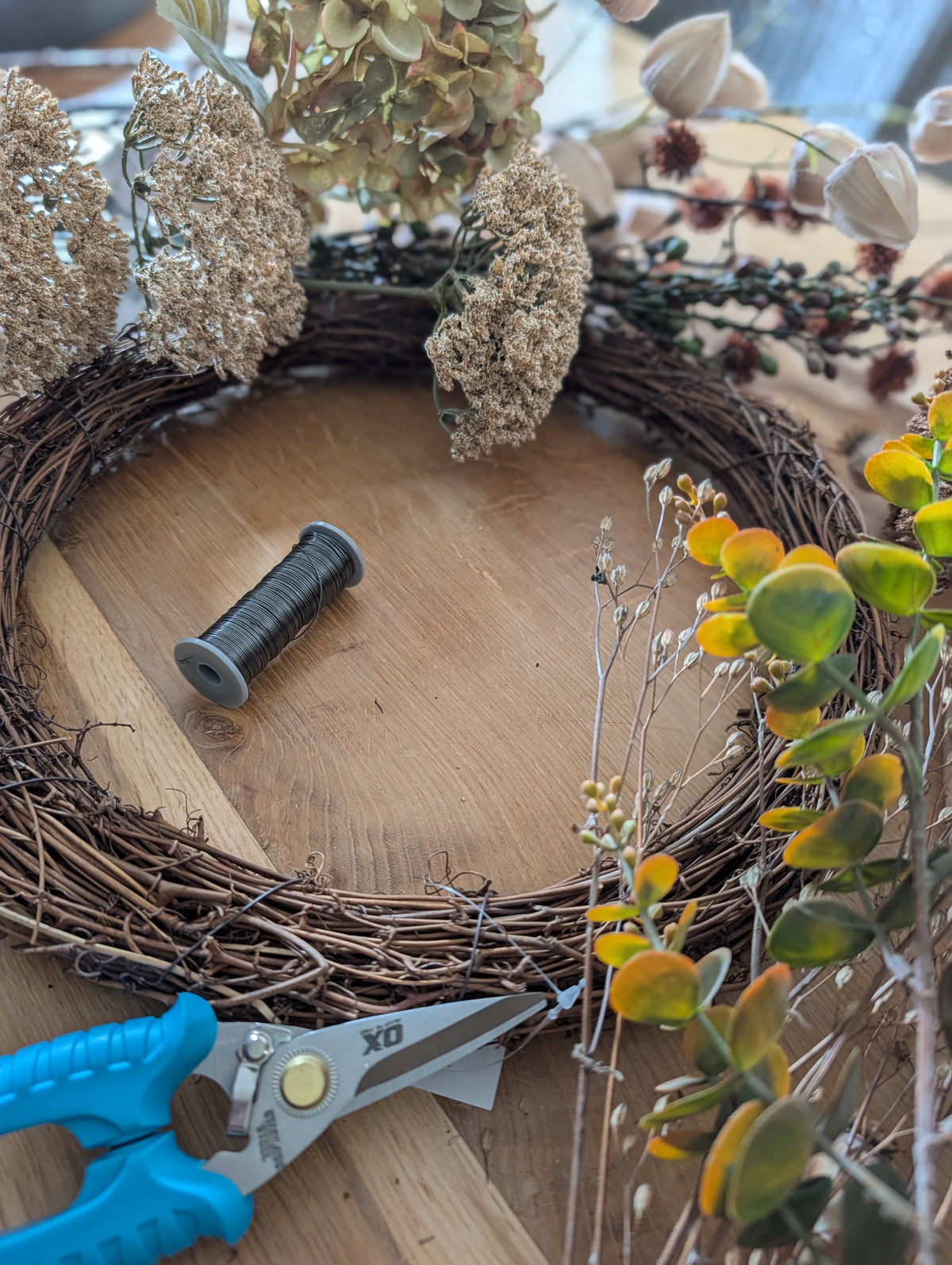Wreath making in progress at a wreath workshop, Towcester, Northamptonshire