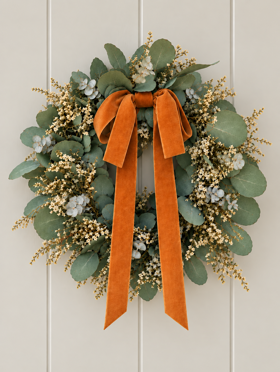 An autumn wreath with green eucalyptus leaves, small white flowers, and a large orange velvet bow, hanging on a white paneled door.