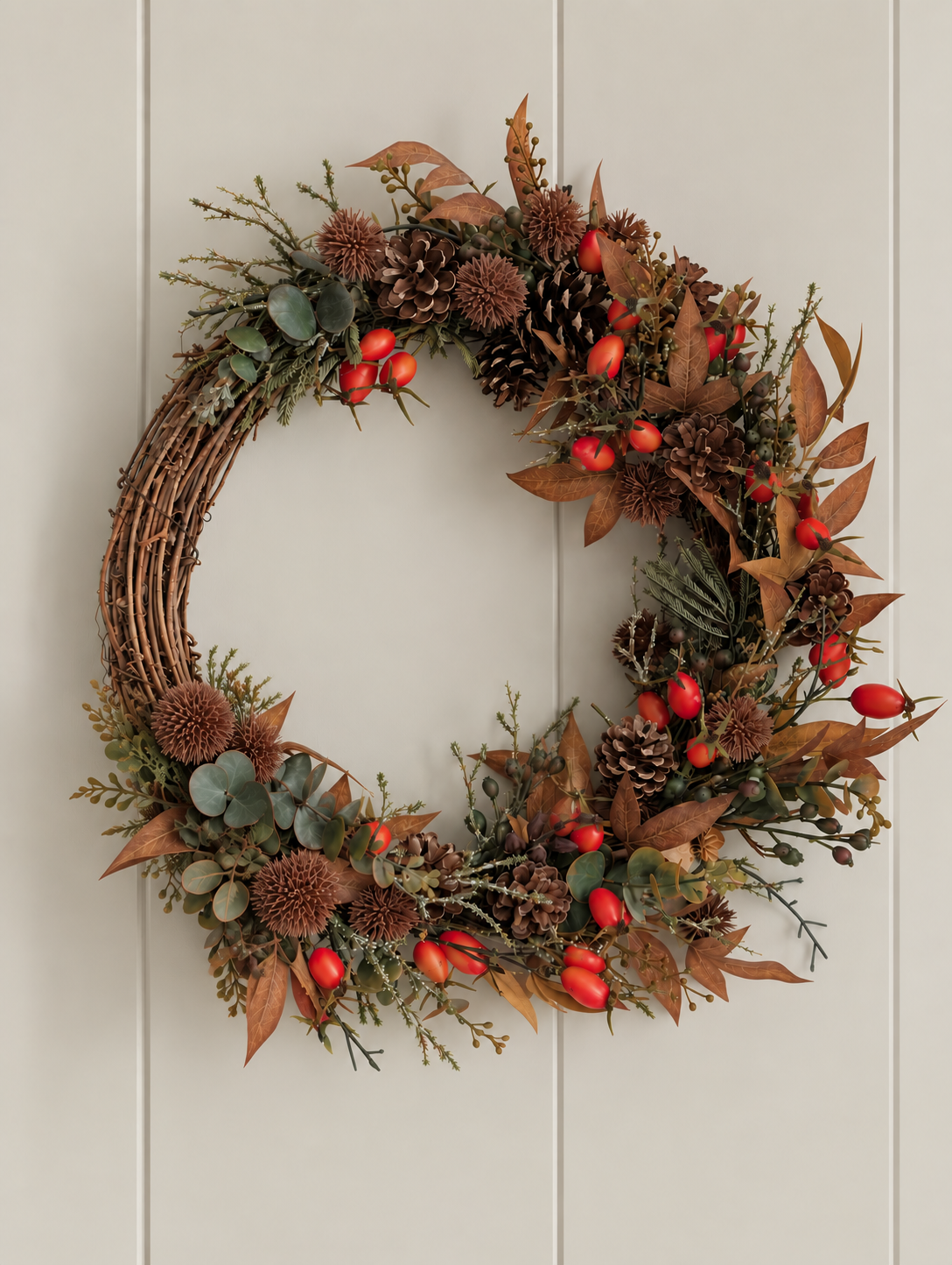 A rustic Autumn Fall wreath made of woven twig branches, decorated with brown pinecones, dried brown leaves, green eucalyptus, and clusters of bright red berries, hanging against a light gray paneled wall.
